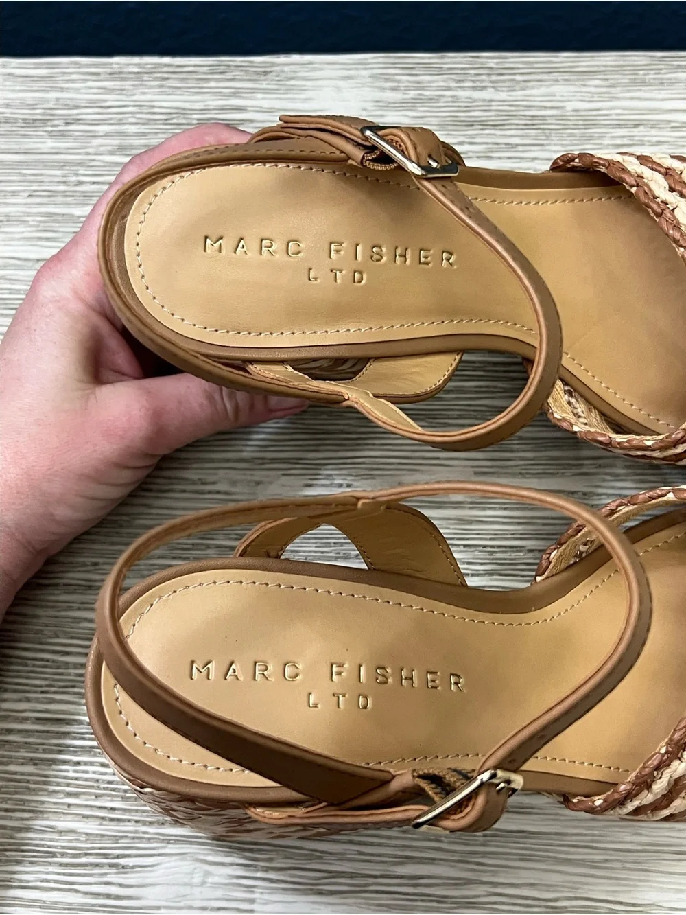 NEW!!! Marc Fisher Juliey Tan and Cream Braided Platform Sandals